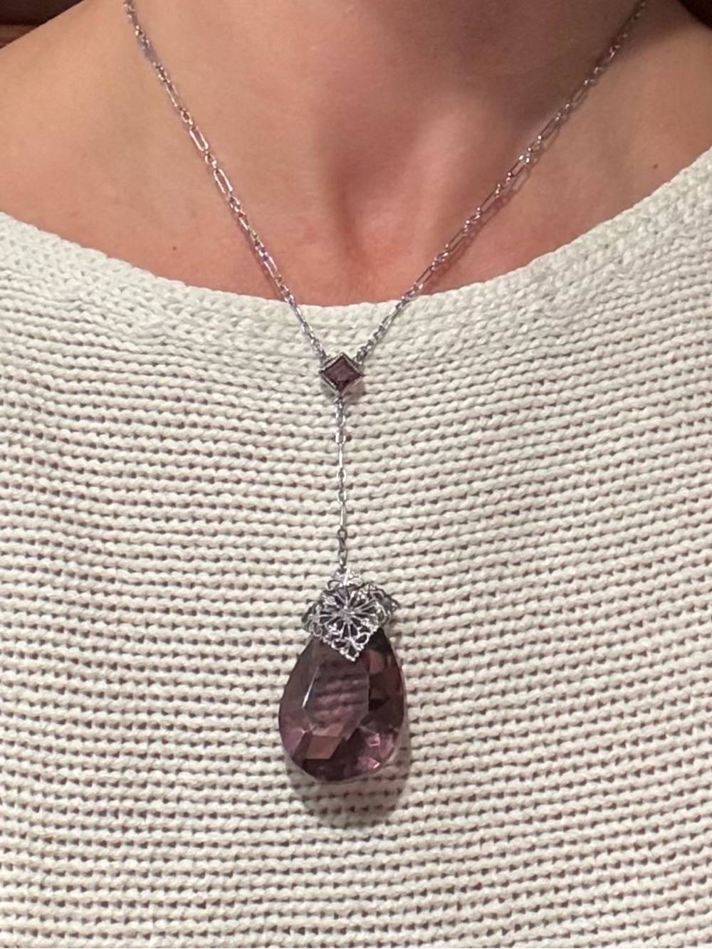 Vintage Art Deco Purple Teardrop Lariat Pendant Necklace